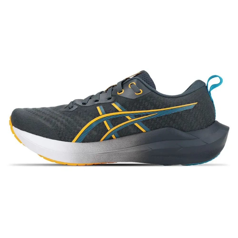 Tênis Asics Gel-Shogun 8 cinza masculino vista lateral com detalhes em amarelo e azul
